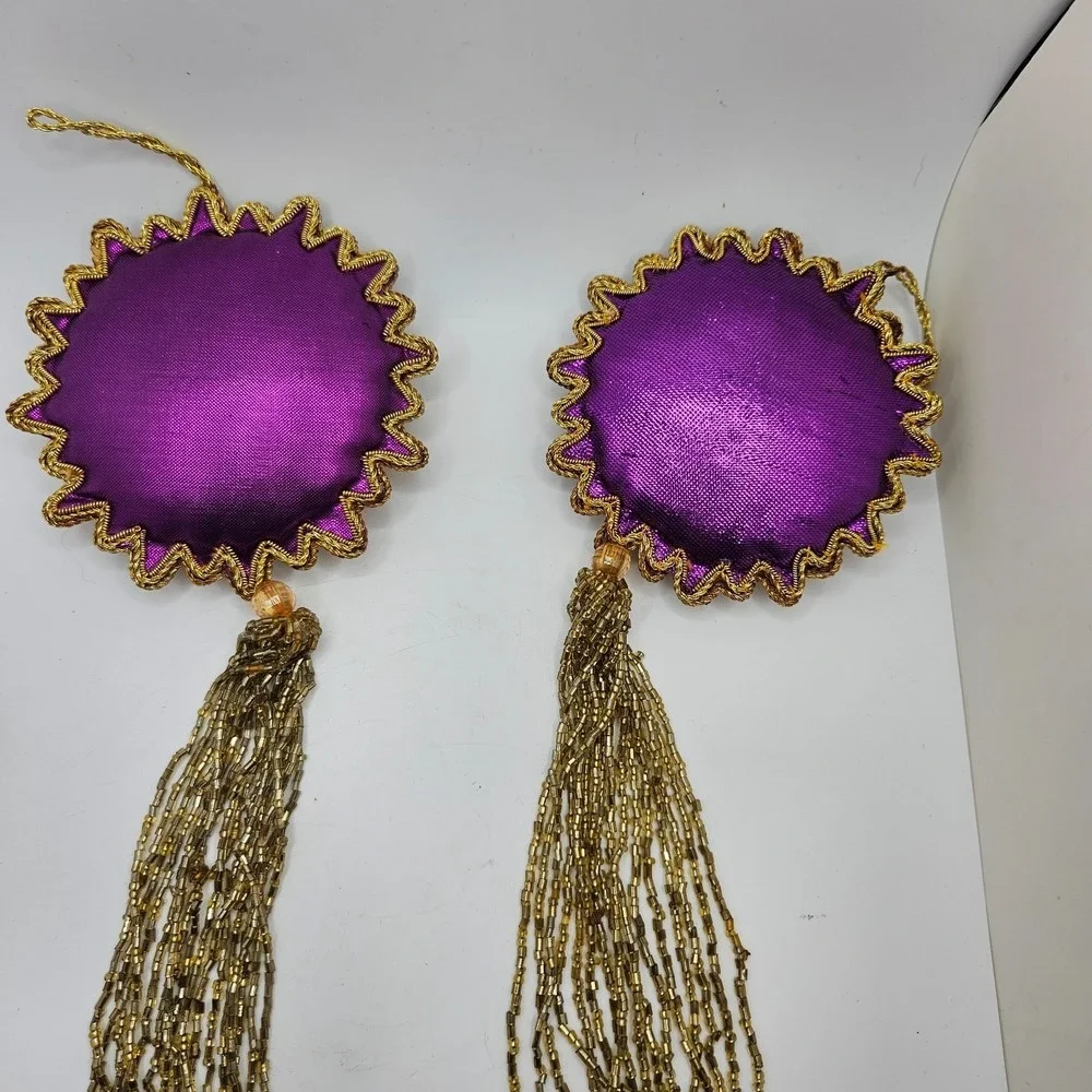 Vintage Purple & Gold Beaded‎ Tassel Ornaments Set of 2 Handmade Boho